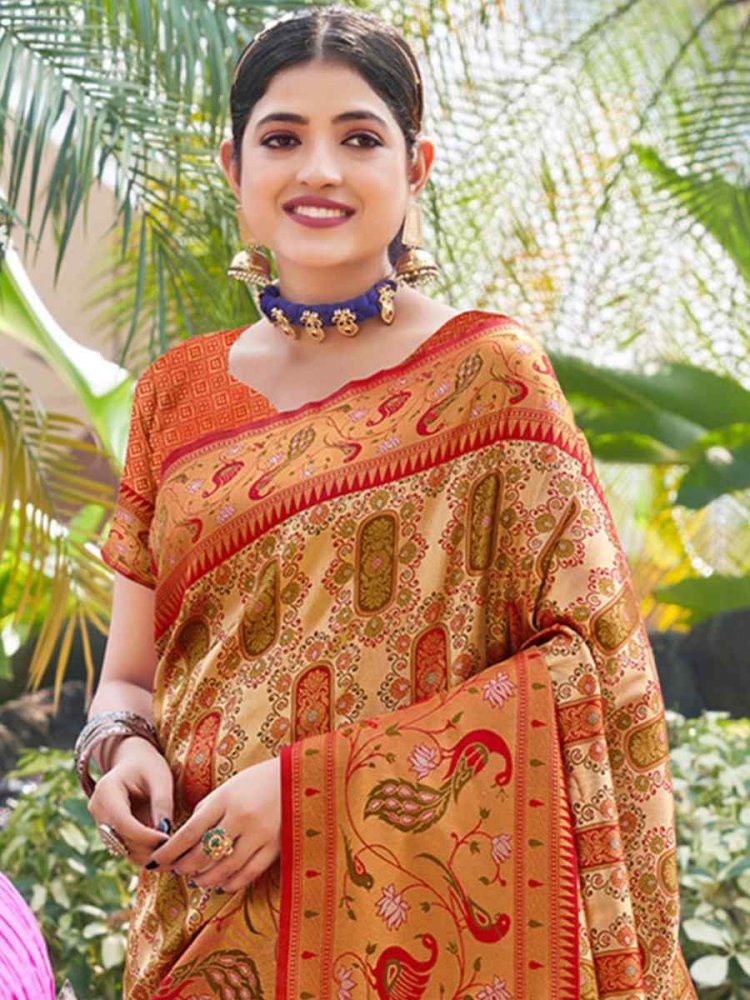 Varkala Silk Saree Orange Kanjeevaram Traditional - Buy Varkala Silk Saree  Orange Kanjeevaram Traditional online in India